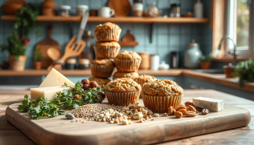 A cozy, minimal kitchen with wooden textures and light blue accents. In the foreground, a variety of fresh ingredients sit on a wooden cutting board - herbs, spices, different types of cheese, and various protein-rich additions like nuts, seeds, and dried fruits. In the middle ground, a stack of freshly baked protein-rich breakfast muffins in various shapes and sizes. In the background, shelves hold an assortment of cooking utensils, jars, and other kitchen essentials, hinting at the endless possibilities for recipe customization. The lighting is soft and natural, creating a warm, inviting atmosphere that encourages experimentation and creativity.