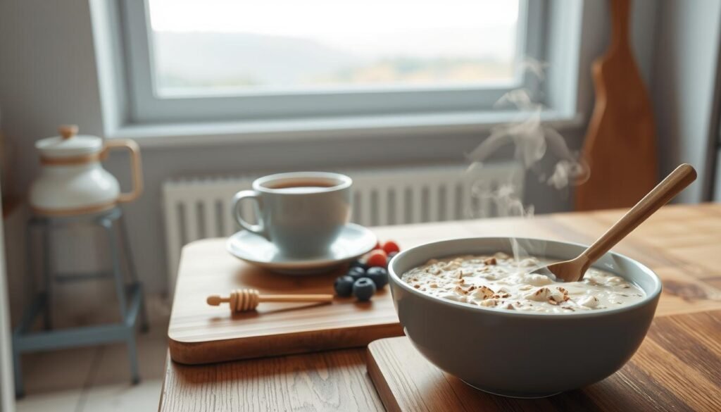 A cozy, minimal kitchen with wooden textures and light blue accents. In the foreground, a bowl of creamy, steaming oatmeal is being stirred with a wooden spoon, the aroma of cinnamon and vanilla wafting through the air. Behind it, a freshly brewed cup of herbal tea sits on a simple wooden table, accompanied by a handful of fresh berries and a drizzle of honey. In the background, a large window frames a serene morning landscape, bathed in soft, natural light. The overall atmosphere conveys a sense of calm, simplicity, and a stress-free morning routine.