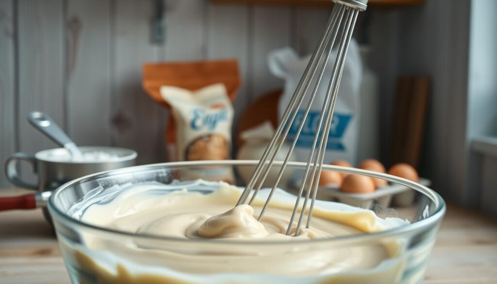 A cozy, minimal kitchen with wooden textures and light blue accents. In the foreground, a glass mixing bowl filled with a thick, creamy muffin batter. Wisps of steam rise from the surface as a whisk gently folds and stirs the ingredients. The smooth, glossy batter transitions to a slightly rougher texture towards the edges of the bowl. In the middle ground, various baking tools and ingredients are neatly arranged - measuring cups, a bag of flour, and a carton of eggs. Soft, diffused lighting from above casts a warm glow over the scene, creating long shadows and highlighting the natural textures. The atmosphere is calm and focused, inviting the viewer to imagine the delicious muffins soon to emerge from the oven.