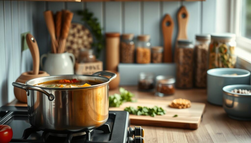 A cozy, minimal kitchen with wooden textures and light blue accents. In the foreground, a large pot simmers on the stove, releasing the aroma of hearty vegetables and savory broth. The middle ground features a cutting board with fresh herbs, while the background showcases an assortment of spices and dried legumes in glass jars. The lighting is soft and natural, casting a warm glow over the scene. This intimate setting creates the perfect atmosphere for enjoying a comforting bowl of soup or stew, ready to be grabbed and enjoyed on the go.