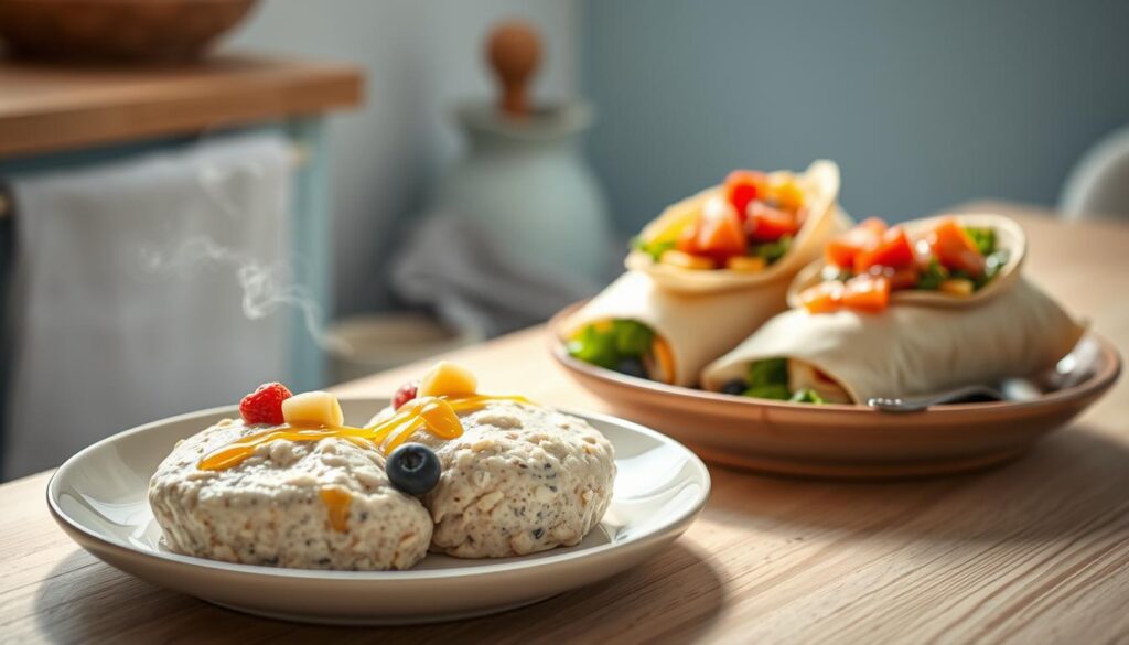 A cozy, minimal kitchen with wooden textures and light blue accents. In the foreground, a plate showcases a pair of steaming overnight oats, adorned with fresh fruit and a drizzle of honey. Beside it, two perfectly wrapped egg burritos, their warm tortillas contrasting with the cool greens and vibrant salsa. Soft, diffused lighting casts a gentle glow, creating an inviting atmosphere. The composition is balanced, highlighting the simplicity and wholesome nature of these nourishing breakfast preparations.