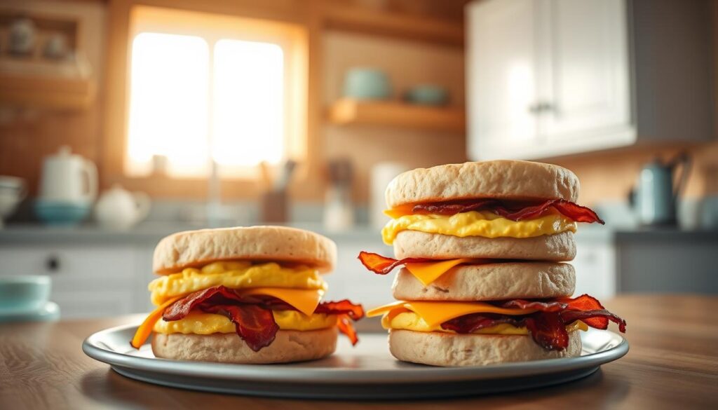 A cozy, minimal kitchen with wooden textures and light blue accents. In the foreground, a stack of freshly prepared breakfast sandwiches, each with a golden-brown English muffin, fluffy scrambled eggs, crispy bacon, and a melted slice of cheddar cheese. Warm, soft lighting illuminates the scene, casting a comforting glow. In the middle ground, a clean, uncluttered countertop, with a few kitchen utensils neatly arranged. The background features simple white cabinets and a window, letting in soft natural light. An atmosphere of effortless, homemade nourishment pervades the scene.