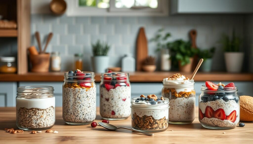 A cozy, minimal kitchen with wooden textures and light blue accents. In the foreground, an array of overnight oats variations presented in various jars and bowls. Textures of oats, nuts, berries, and creamy toppings take center stage. In the middle ground, additional healthy ingredients like chia seeds, coconut flakes, and honey jars. The background features a simple tiled backsplash, natural light from a window, and a few potted herbs. The scene conveys a sense of simplicity, nourishment, and a delightful start to the day.