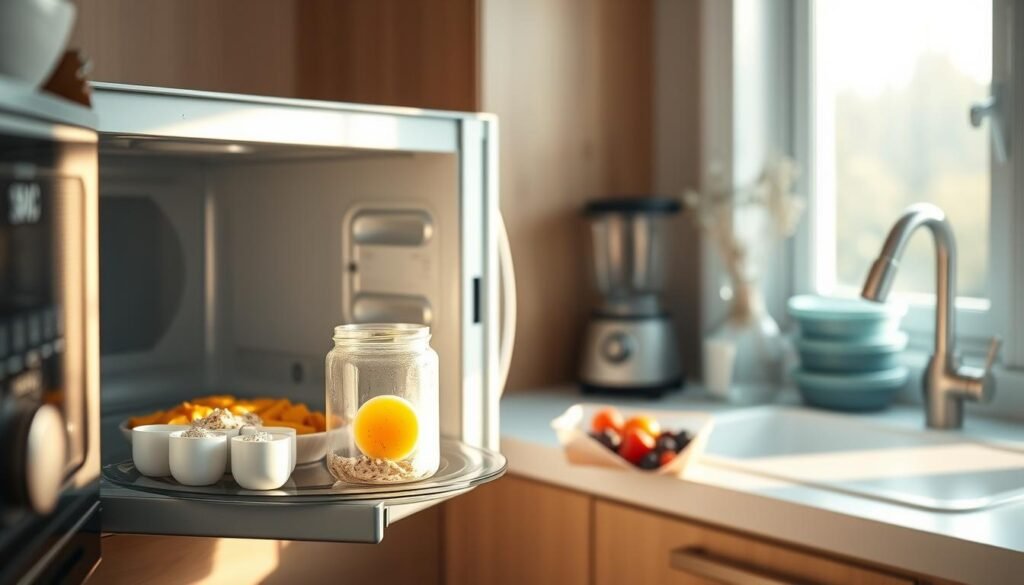 A cozy, minimal kitchen with wooden textures and light blue accents. In the foreground, an open microwave reveals a selection of quick, protein-packed breakfast hacks - scrambled eggs, overnight oats, and a smoothie bowl with fresh berries. Soft, diffused lighting casts a warm glow, highlighting the textural details of the ingredients. The middle ground showcases a clean, sparse countertop, with a sleek blender and a small stack of meal prep containers. In the background, a window offers a glimpse of a tranquil, nature-inspired view, reinforcing the sense of a peaceful, energizing start to the day.