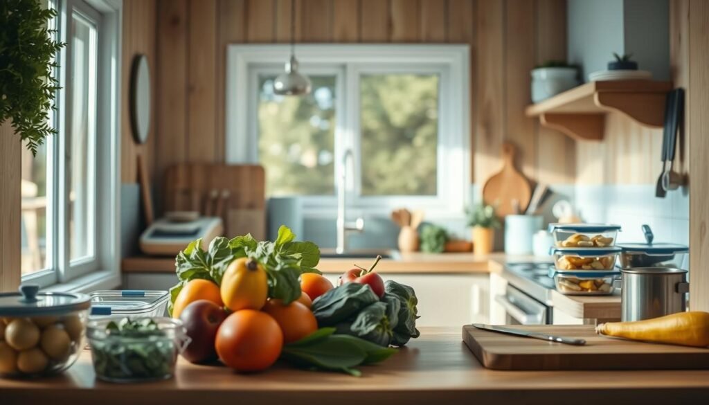 A cozy, minimal kitchen with wooden textures and light blue accents. In the foreground, fresh produce, meal prep containers, and cooking utensils are neatly arranged, conveying the organization and preparation of a weekly meal plan. The middle ground features a clean, clutter-free countertop, with a cutting board, knife, and a few simple ingredients, suggesting the act of meal preparation. In the background, a window allows natural light to flood the space, creating a calm and inviting atmosphere. The overall scene emanates a sense of productivity, efficiency, and the benefits of a well-planned weekly meal routine.