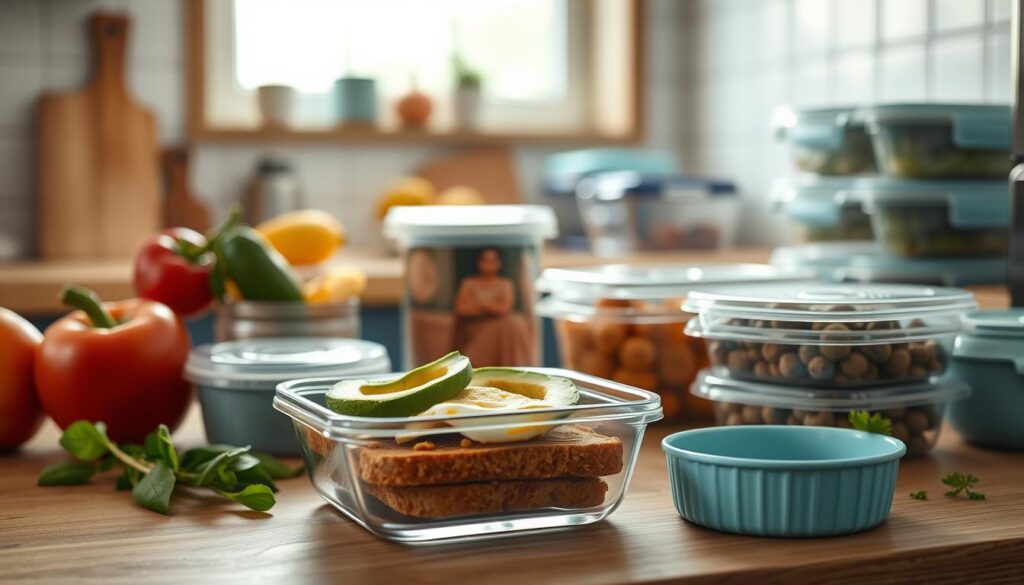 A cozy, minimal kitchen with wooden textures and light blue accents. In the foreground, fresh produce and a glass meal prep container filled with a hearty breakfast - scrambled eggs, avocado, and whole grain toast. The middle ground showcases various meal prep tools and containers, conveying the organization and efficiency of the meal prep process. In the background, a window lets in soft, natural lighting, creating a warm and inviting atmosphere. The scene highlights the benefits of meal prepping for a stress-free and nutritious breakfast routine.