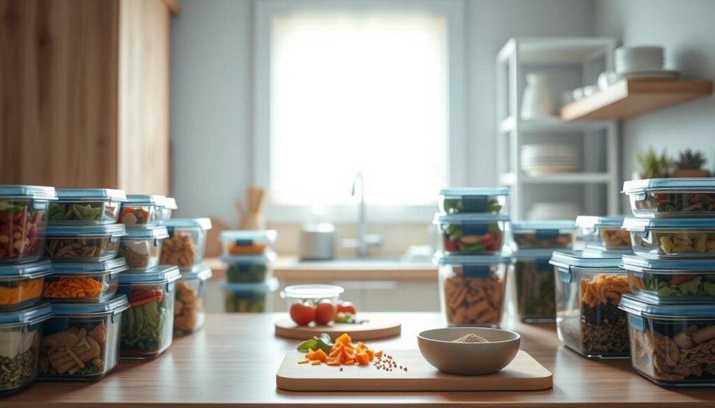 A cozy, minimal kitchen with wooden textures and light blue accents. In the foreground, rows of neatly stacked glass containers hold a variety of colorful, freshly prepared meals. Soft, diffused lighting from overhead illuminates the scene, casting gentle shadows and highlighting the textures of the lids and containers. In the middle ground, a cutting board with chopped vegetables and a small bowl of seasoning sit ready for customization. The background features simple, clean shelving units that hold additional supplies for meal prep, creating a sense of organized efficiency.