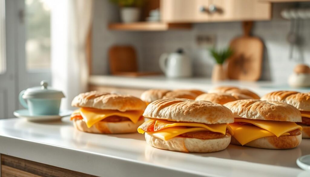 A cozy, minimal kitchen with wooden textures and light blue accents. On a clean, white surface, an array of breakfast sandwiches neatly arranged, their golden buns and melted cheese beckoning for a closer inspection. The lighting is soft and natural, casting gentle shadows that accentuate the delicate folds and contours of the sandwiches. Close-up shots reveal the intricate interplay of flavors and textures, from the crisp, toasted exterior to the fluffy, pillowy interior. The scene exudes a sense of thoughtful curation, inviting the viewer to imagine the subtle nuances of each bite.