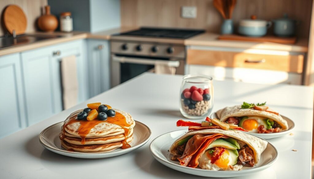 A cozy, minimal kitchen with wooden textures and light blue accents. On a pristine white countertop, an assortment of protein-packed breakfast recipes laid out, including a stack of fluffy protein pancakes drizzled with maple syrup, a hearty bowl of overnight oats with fresh berries, and a plate of savory breakfast burritos filled with scrambled eggs, crispy bacon, and avocado. The warm, natural lighting illuminates the scene, creating a sense of effortless elegance and nourishment. The mood is relaxed and inviting, perfectly capturing the essence of stress-free school morning routines.