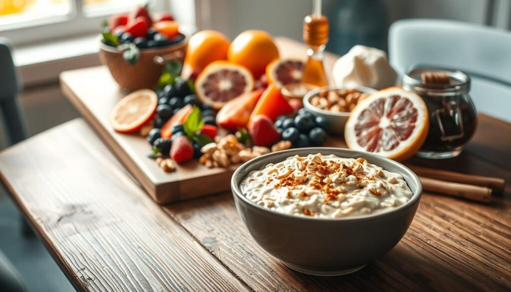 A cozy, minimal kitchen with wooden textures and light blue accents. On a rustic wooden table, an assortment of colorful ingredients are artfully arranged: fresh berries, sliced citrus, chopped nuts, a sprinkle of cinnamon, and a drizzle of honey. The lighting is soft and diffused, casting a warm glow over the scene. In the foreground, a bowl of creamy, textured oats takes center stage, inviting the viewer to imagine the myriad of flavor combinations that could be created. The overall mood is one of simplicity, creativity, and the comforting pleasure of a wholesome, nourishing breakfast.