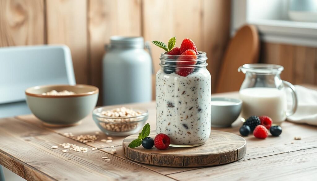A cozy, minimal kitchen with wooden textures and light blue accents. On a rustic wooden table, a glass jar filled with creamy overnight oats, garnished with fresh berries and a sprig of mint. Nearby, a bowl of rolled oats, a mason jar of chia seeds, and a small glass pitcher of milk, all arranged neatly. Soft, warm lighting casts a gentle glow, highlighting the natural textures and simple elegance of the scene. The overall mood is one of simplicity, nourishment, and effortless preparation.