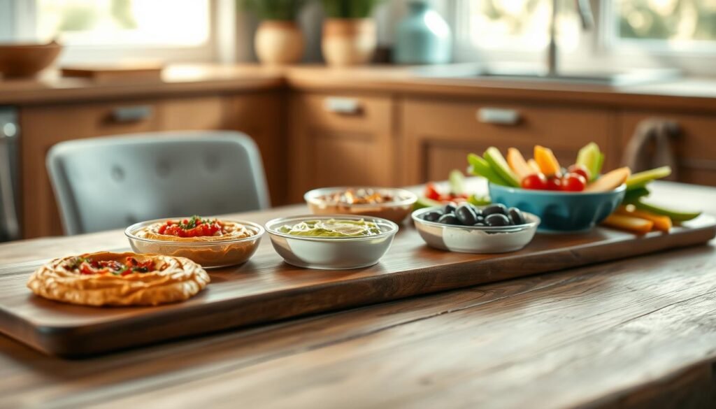 A cozy minimal kitchen with wooden textures and light blue accents. On a rustic wooden table, a selection of savory dips and appetizers are artfully arranged - roasted red pepper hummus, creamy avocado dip, olives, cherry tomatoes, and crisp vegetable crudités. The lighting is soft and natural, casting warm shadows and highlights across the scene. The overall atmosphere is inviting and understated, encouraging the viewer to imagine themselves sampling these delightful bites.