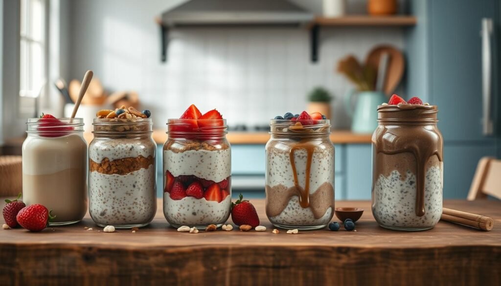 A cozy, minimal kitchen with wooden textures and light blue accents. On a wooden table, an array of overnight oat-filled jars in various flavors - creamy vanilla, nutty cinnamon, bright berry, and indulgent chocolate. Each jar is adorned with fresh fruit, crunchy nuts, and a drizzle of honey, showcasing the endless possibilities for customizing this versatile breakfast. Soft, natural lighting illuminates the scene, creating a welcoming and appetizing atmosphere.