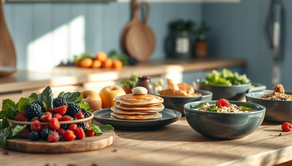 A cozy, minimal kitchen with wooden textures and light blue accents. On a wooden table, an assortment of fresh seasonal produce: juicy berries, crisp leafy greens, ripe stone fruits. Alongside, a variety of breakfast dishes come to life - fluffy pancakes, savory frittatas, and hearty oatmeal bowls, each showcasing the vibrant flavors of the seasonal ingredients. The scene is bathed in warm, natural lighting, creating a sense of inviting simplicity. The overall mood is one of nourishment and seasonal celebration, perfect for showcasing the top breakfast recipes made with the best of nature's bounty.