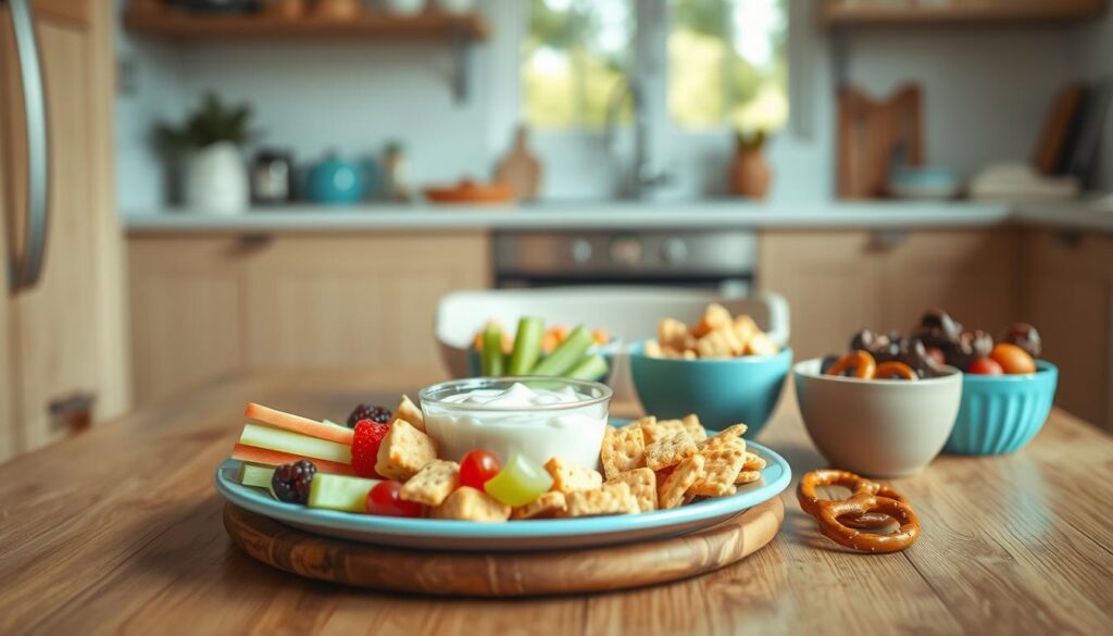 A cozy, minimal kitchen with wooden textures and light blue accents. On a wooden table, an assortment of kid-friendly snack plate ideas arranged neatly - fresh fruit like apple slices, grapes, and berries; veggie sticks with a creamy dip; whole-grain crackers and cheese cubes; a few chocolate-dipped pretzels for a sweet treat. The lighting is soft and natural, creating a warm, inviting atmosphere. The snacks are displayed in small, colorful dishes and bowls, encouraging portion control and variety. The overall composition is visually appealing and designed to capture a child's attention and delight their taste buds.