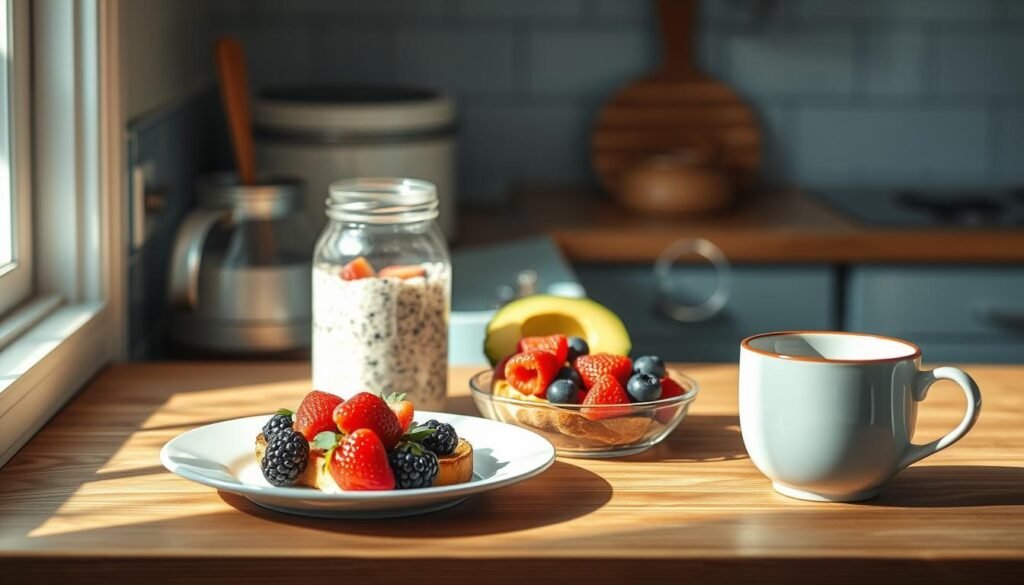 A cozy, minimal kitchen with wooden textures and light blue accents. On the counter, a selection of dairy-free breakfast items - overnight oats in mason jars, a plate of avocado toast, a bowl of fresh berries, and a steaming mug of herbal tea. Soft, natural lighting illuminates the scene, casting warm shadows and highlighting the vibrant colors of the ingredients. The arrangement conveys the ease and nourishment of a dairy-free breakfast meal prep, with a sense of tranquility and mindfulness.