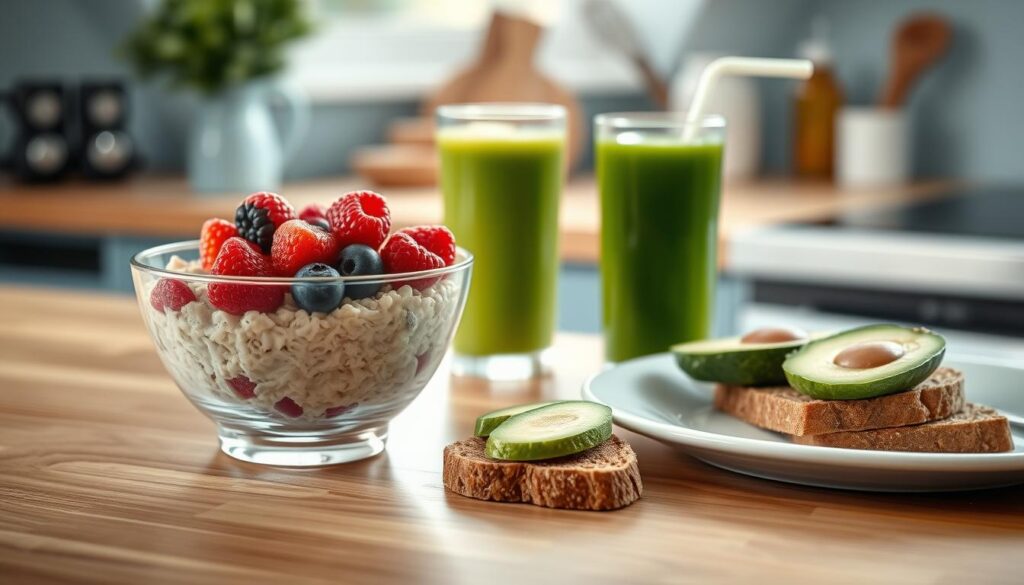 A cozy, minimal kitchen with wooden textures and light blue accents. On the counter, a variety of low-sugar breakfast options - a bowl of oatmeal topped with fresh berries, a plate of whole-grain toast with sliced avocado, and a glass of fresh vegetable juice. The scene is bathed in soft, natural lighting, emphasizing the health and simplicity of this nutritious start to the day. No hands are visible, allowing the food to be the focal point, highlighting the benefits of a low-sugar, high-fiber breakfast for digestive health.