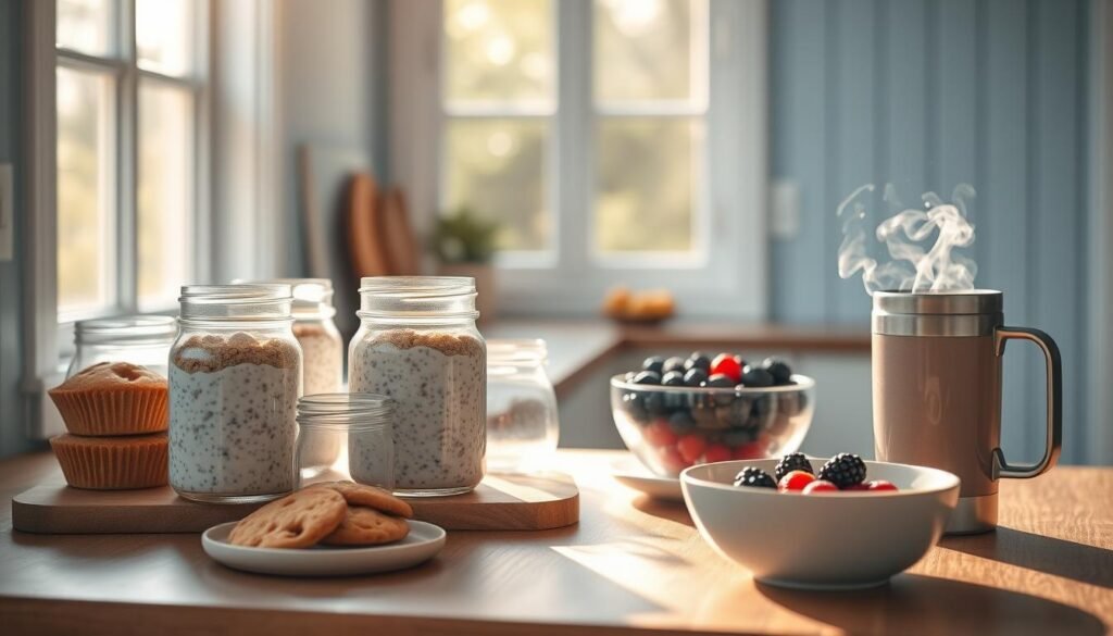 A cozy, minimal kitchen with wooden textures and light blue accents. On the counter, a variety of breakfast items - overnight oats in mason jars, freshly baked muffins, a smoothie bowl topped with berries, and a travel mug of steaming coffee. Sunlight streams in through large windows, casting a warm glow over the scene. The focus is on quick, nutritious breakfast options that can be easily grabbed and enjoyed on-the-go. The atmosphere is inviting and peaceful, reflecting the simplicity and convenience of these breakfast recipes.