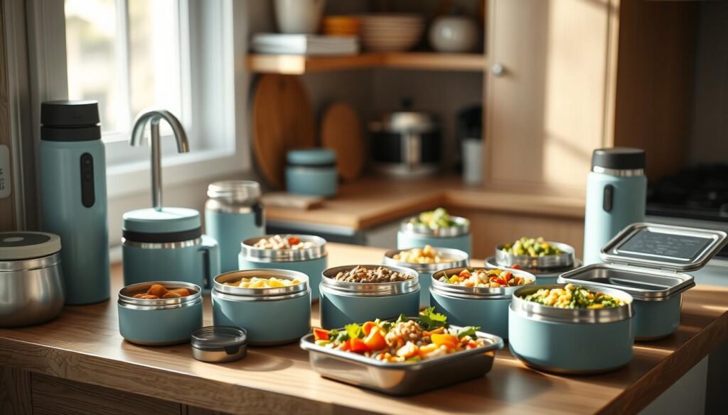 A cozy, minimal kitchen with wooden textures and light blue accents. On the counter, an assortment of thermos containers in various shapes and sizes, filled with an array of nourishing and flavorful meals - hearty stews, vibrant vegetable medleys, and wholesome grain bowls. The scene is bathed in soft, natural lighting, creating a warm and inviting atmosphere. The focus is on the thermos containers, showcasing the diverse and satisfying thermos lunch recipes that can be prepared for a satisfying midday meal.