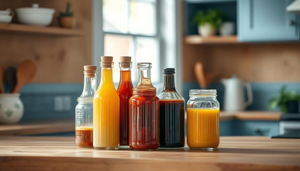A cozy, minimal kitchen with wooden textures and light blue accents. On the counter, an assortment of homemade dressings in glass bottles and jars, their vibrant colors and natural ingredients shimmering under soft, even lighting. The scene exudes a sense of culinary craftsmanship and a commitment to fresh, seasonal flavors. The dressings are arranged artfully, inviting the viewer to imagine the diverse ways they could be used to elevate a variety of meals, from crisp salads to roasted vegetables.