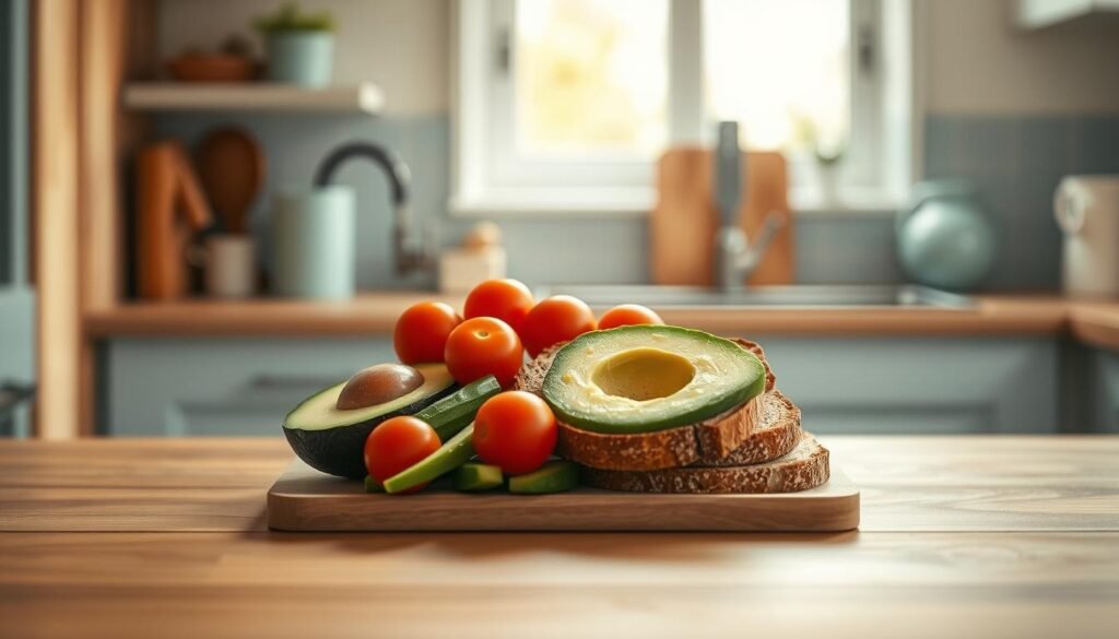 A cozy, minimal kitchen with wooden textures and light blue accents. On the counter, an assortment of wholesome, no-heat lunchbox components: fresh avocado slices, crisp cucumber spears, juicy cherry tomatoes, and a slice of whole-grain toast. Soft natural lighting illuminates the scene, creating a warm, inviting atmosphere. The arrangement conveys simplicity, nourishment, and ease of preparation - the perfect quick and wholesome lunchbox meal.