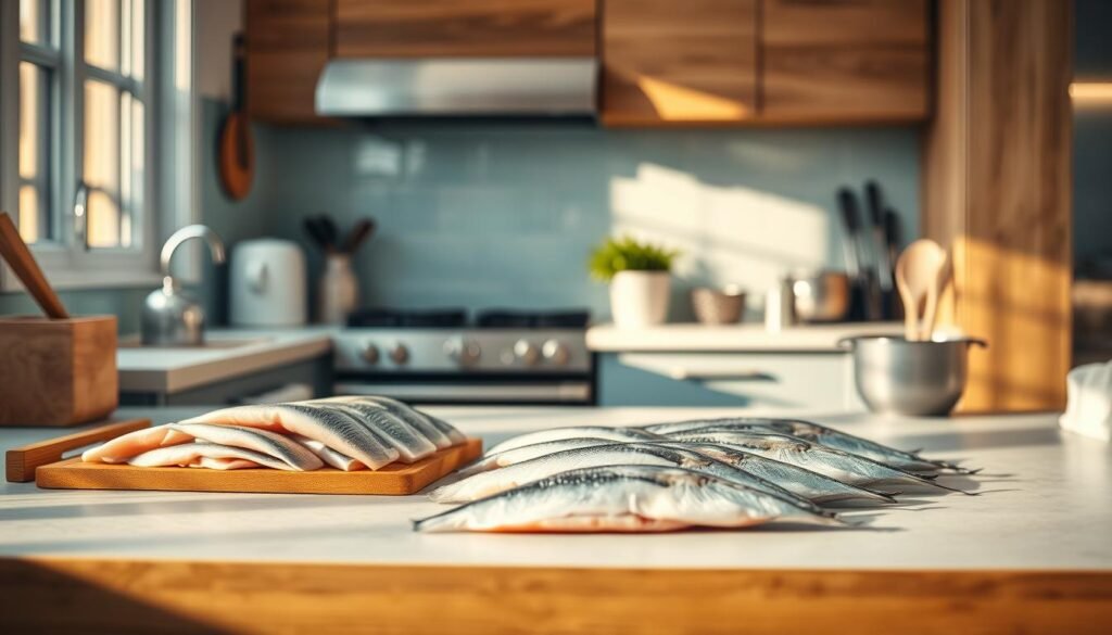 A cozy, minimal kitchen with wooden textures and light blue accents. On the counter, an assortment of high-protein fish fillets are neatly arranged, ready for meal prep. Soft, natural lighting illuminates the scene, casting a warm glow. Stainless steel appliances and sleek utensils suggest a well-organized, efficient workspace. The arrangement evokes a sense of calm and focus, hinting at the benefits of preparing nutritious, protein-rich meals in advance.