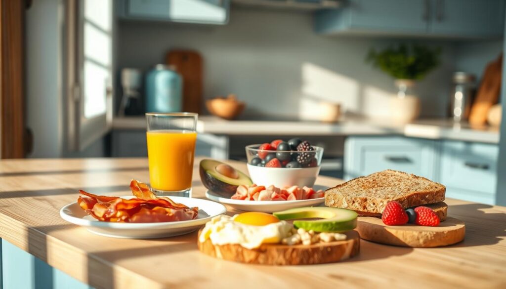 A cozy, minimal kitchen with wooden textures and light blue accents. On the counter, an array of healthy breakfast items - crisp bacon, fluffy scrambled eggs, fresh avocado slices, and whole grain toast. A glass of orange juice and a protein shake stand ready, alongside a bowl of fresh berries. Natural light filters in, casting a warm glow on the scene. The atmosphere exudes simplicity and nourishment, perfect for a quick, recovery-focused meal for a student or high school athlete.