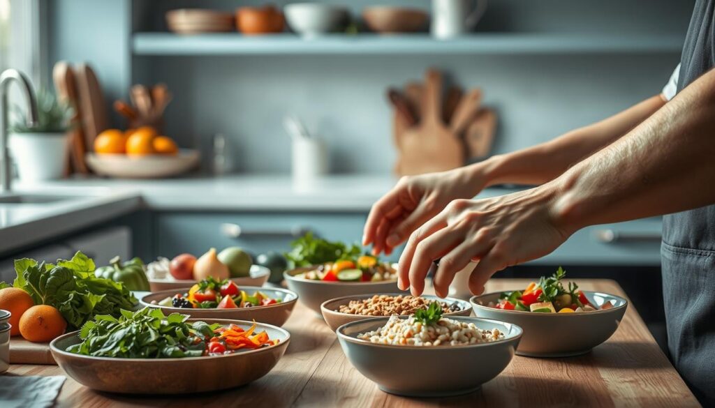 A cozy, minimal kitchen with wooden textures and light blue accents. On the counter, an array of colorful, fresh ingredients - vibrant vegetables, aromatic herbs, and grains. In the foreground, a chef's hands expertly preparing a series of balanced meal bowls, each one a unique composition of textures and flavors. Soft, natural lighting illuminates the scene, highlighting the care and creativity involved in crafting these nourishing, visually appealing meal prep recipes.