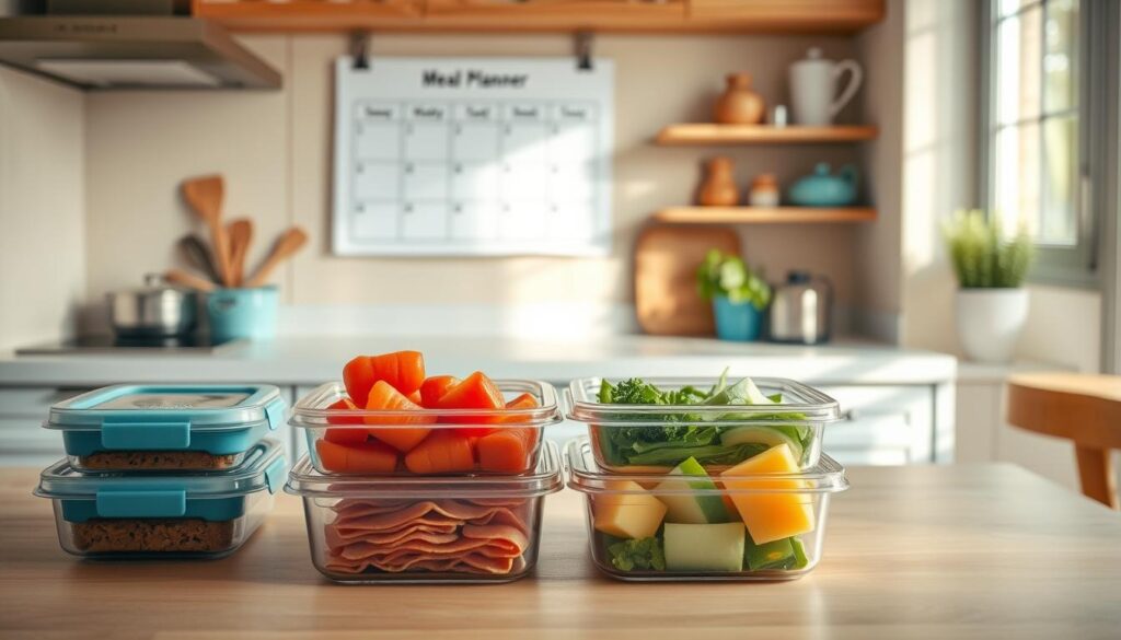 A cozy, minimal kitchen with wooden textures and light blue accents. On the counter, neatly arranged meal prep containers showcase a variety of healthy, no-heat lunchbox options - deli meat, cheese slices, and fresh vegetables. The lighting is soft and natural, highlighting the clean, organized space. In the background, a personalized weekly meal planner hangs on the wall, guiding the meal prep process. The overall atmosphere conveys efficiency, organization, and a mindful approach to busy professional life.