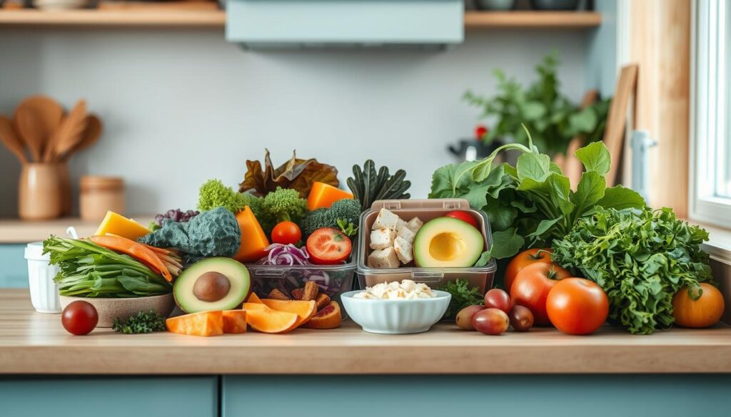A cozy, minimal kitchen with wooden textures and light blue accents. On the countertop, a collection of nourishing, plant-based lunchbox options - fresh vegetables, crisp greens, creamy avocado, savory tofu, and vibrant fruits. The lighting is soft and natural, highlighting the colors and textures of the ingredients. The composition is well-balanced, with a focus on the varied selection of vegetarian no-heat lunch ideas, inviting the viewer to explore the flavorful, Asian-inspired combinations.