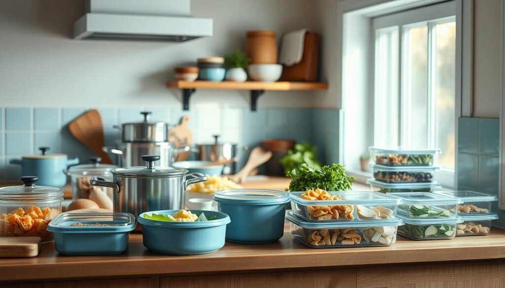 A cozy, minimal kitchen with wooden textures and light blue accents. On the countertop, an array of various cooking vessels, prepped ingredients, and well-organized meal prep containers. The scene radiates an atmosphere of efficiency and intentionality, capturing the essence of 