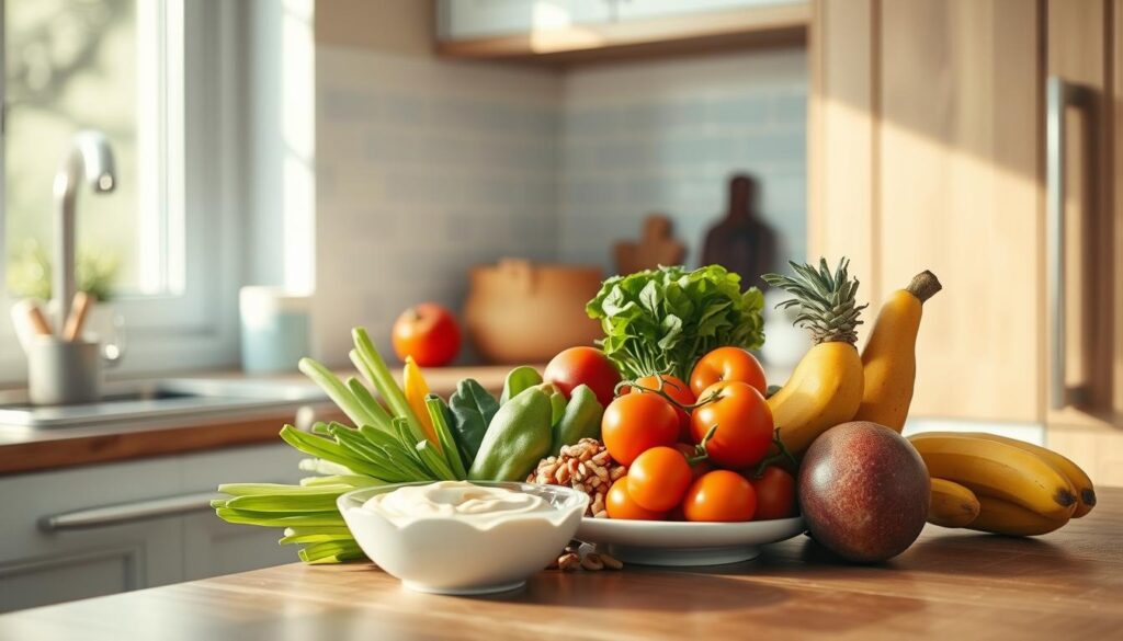 A cozy, minimal kitchen with wooden textures and light blue accents. On the countertop, an artful arrangement of fresh, colorful ingredients: crisp vegetables, creamy hummus, crunchy trail mix, and a selection of vibrant fruits. The natural lighting casts a warm, inviting glow, highlighting the simplicity and versatility of these easy no-heat lunch recipes. Enticing, yet practical, the scene suggests a delightful midday meal that nourishes both body and soul, without the need for any heat or cooking.