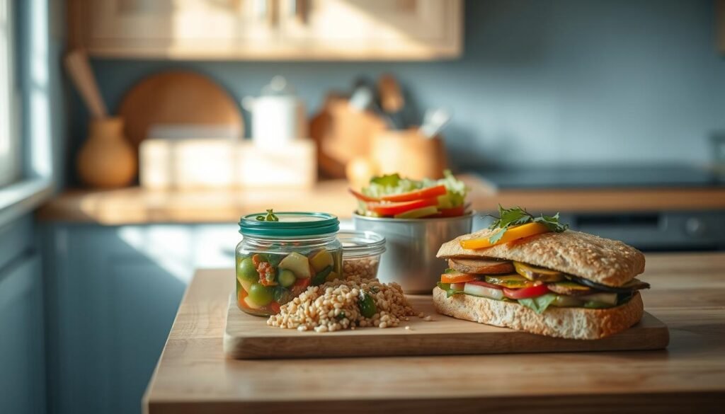 A cozy, minimal kitchen with wooden textures and light blue accents. On the countertop, an assortment of creatively repurposed leftovers - a hearty grain salad, a zesty vegetable pickle, and a delightful sandwich featuring roasted veggies. The scene is bathed in soft, natural light, capturing the artful simplicity of transforming humble ingredients into a delicious and visually appealing cold lunch. The composition emphasizes the textural contrast and vibrant colors, inviting the viewer to reimagine the possibilities of leftover ingredients.