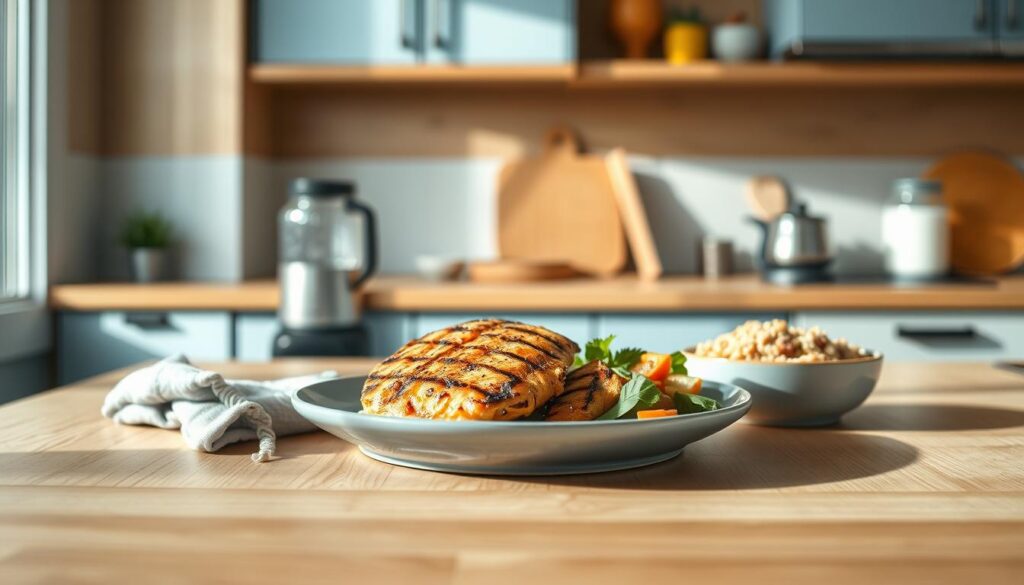 A cozy, minimal kitchen with wooden textures and light blue accents. On the countertop, an array of quick and easy high protein lunch recipes arranged neatly. A plate of grilled chicken breast, roasted vegetables, and a side of quinoa salad takes center stage, bathed in soft, natural lighting. A jar of protein powder, a blender, and a few fresh ingredients hint at the versatility of these nutritious, time-saving meals. The atmosphere is one of simplicity and healthfulness, inviting the viewer to discover delicious ways to fuel their day with a quick, protein-packed lunch.