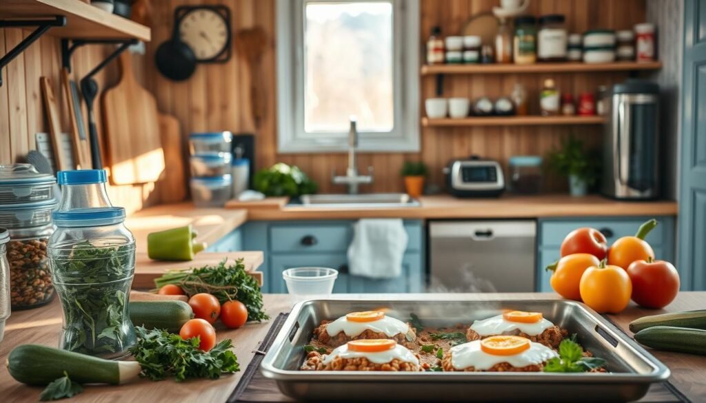 A cozy, minimal kitchen with wooden textures and light blue accents. On the countertop, an array of meal prep essentials - glass containers, reusable utensils, a chopping board, and a high-quality blender. Sunlight filters in through the window, casting a warm glow over the scene. In the foreground, fresh vegetables, herbs, and other ingredients are neatly arranged, ready for chopping and mixing. The middle ground showcases a sheet pan with perfectly portioned servings of a hearty breakfast dish, steam gently rising. In the background, shelves hold organized spices, oils, and other pantry staples. The overall atmosphere is one of efficiency, simplicity, and a commitment to healthy, make-ahead meal preparation.