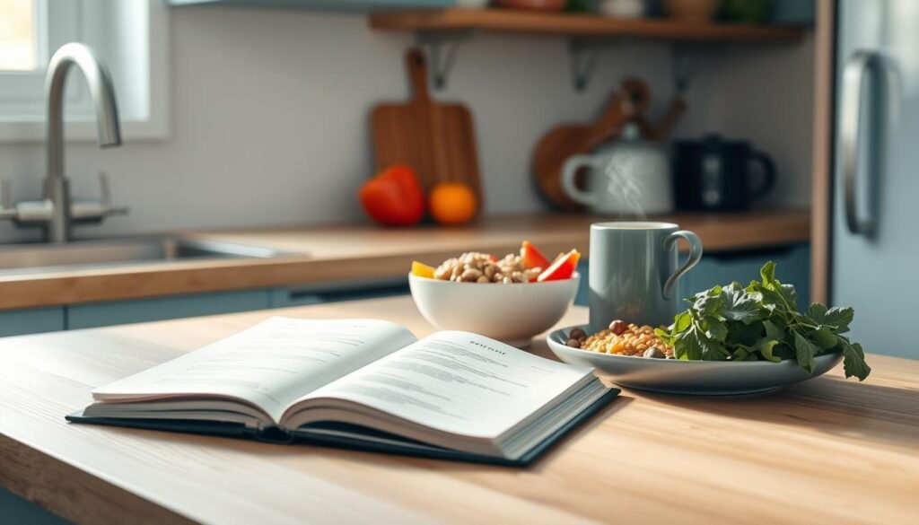 A cozy, minimal kitchen with wooden textures and light blue accents. On the countertop, an open notebook displays neatly organized meal planning tips, accompanied by colorful fresh ingredients - vibrant produce, whole grains, and protein sources. A sleek coffee mug steams gently, complementing the serene atmosphere. Soft, diffused lighting casts a warm glow, suggesting a thoughtful, well-planned morning routine. The scene conveys a sense of efficiency and mindfulness, inspiring the viewer to streamline their own breakfast preparations.