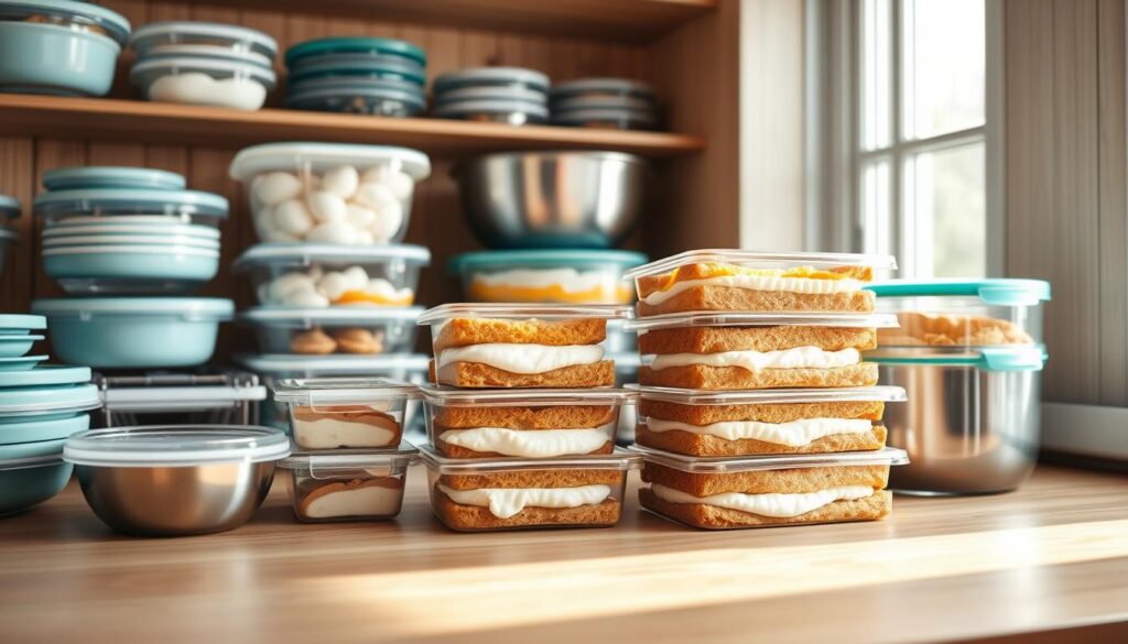 A cozy, minimal kitchen with wooden textures and light blue accents. Rows of glass containers and stainless steel bowls neatly organized on shelves, showcasing efficient meal prep storage techniques. Egg-based breakfast sandwiches are stacked and ready for the freezer, their white fillings visible through the transparent lids. Natural light filters in, casting a warm glow over the well-planned meal prep setup. The scene exudes a sense of simplicity and practicality, reflecting the article's focus on storing and reheating freezer-friendly breakfast sandwiches.