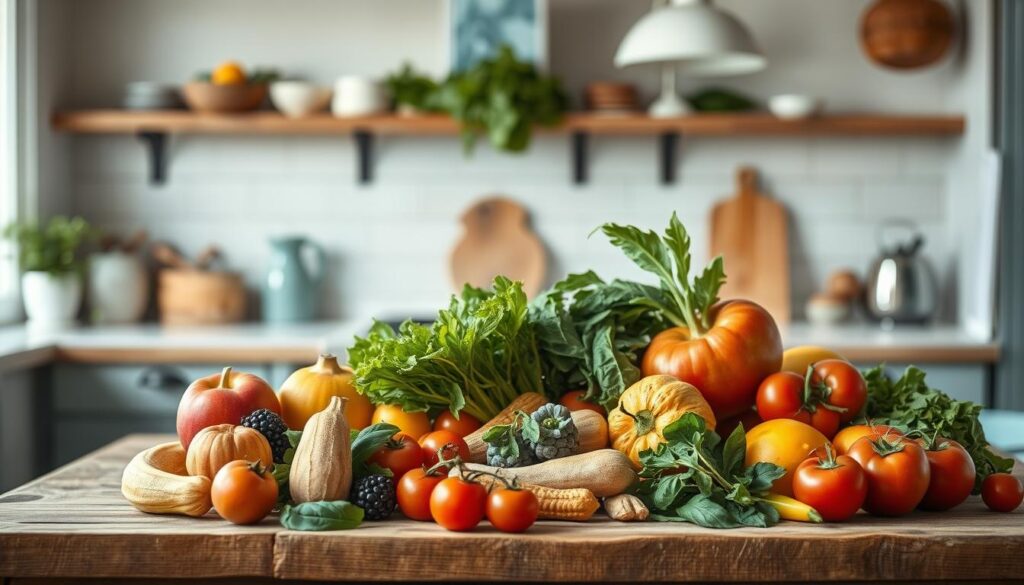 A cozy, minimal kitchen with wooden textures and light blue accents. Seasonal produce arranged artfully on a rustic wooden table, showcasing the vibrant colors and textures of fresh, local ingredients. A variety of fruits and vegetables, from crisp apples and squash to leafy greens and juicy tomatoes, all expertly curated to inspire nutritious, no-heat lunchbox meals. The soft, diffused lighting casts a warm glow, capturing the essence of adapting to seasonal and local flavors. No hands are present, allowing the natural beauty of the produce to take center stage.