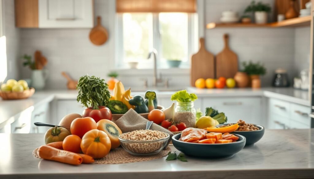 A cozy, minimal kitchen with wooden textures, light blue accents, and no hands. On a clean counter, an assortment of seasonal produce, whole grains, and lean proteins laid out in a balanced, visually appealing arrangement. Soft, natural lighting from a window casts a warm glow, highlighting the vibrant colors and textures of the ingredients. The layout suggests a thoughtful, organized approach to meal planning, with each component carefully selected to create a nutritious and satisfying dish. An atmosphere of simplicity and efficiency, reflecting the importance of balancing work schedules with efficient meal prep.