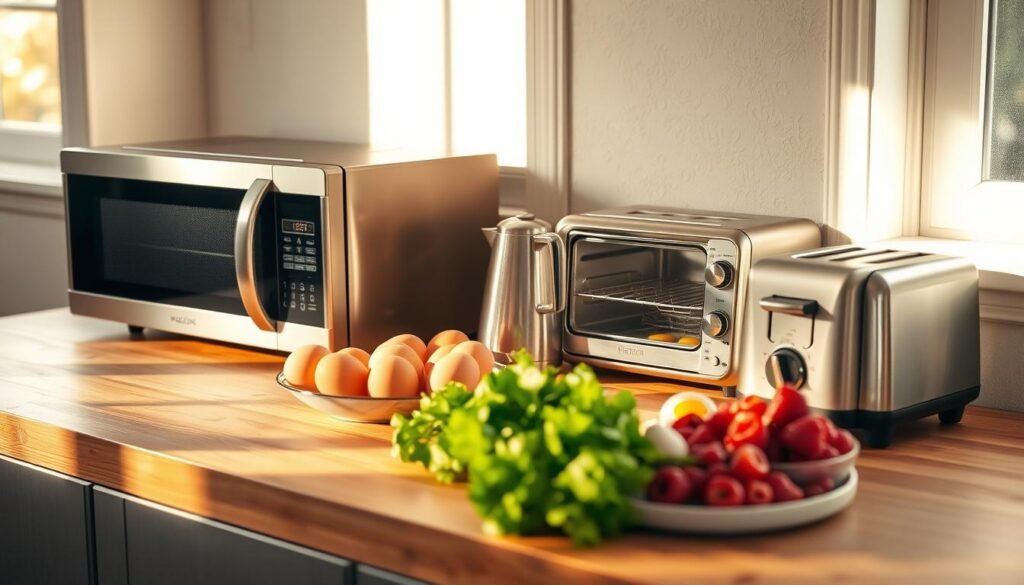 A cozy, minimalist kitchen bathed in warm natural light. On the wooden countertop, an array of reheating methods neatly arranged: a sleek modern microwave, a vintage stovetop kettle, and a compact toaster oven. Fresh ingredients like eggs, greens, and berries are positioned nearby, hinting at the delicious breakfast to come. The overall mood is one of efficiency and thoughtfulness, capturing the essence of preserving freshness and flavor all week long.