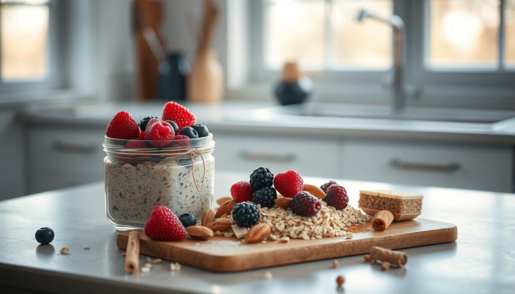 A cozy, minimalist kitchen counter, bathed in soft, natural light filtering through blue-tinted windows. An array of overnight breakfast ingredients artfully arranged: steel-cut oats, fresh berries, almonds, a drizzle of honey, and a sprinkle of cinnamon. The warm, inviting scene evokes the comforting flavors of homemade overnight oats, yogurt parfaits, and baked goods, ready to be enjoyed at the first light of day. The scene conveys the ease and convenience of make-ahead breakfast recipes that allow you to wake up to a nourishing, flavorful meal.