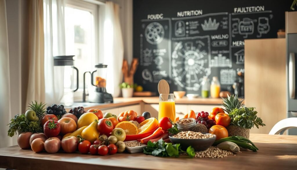 A cozy, minimalist kitchen filled with natural light filters through airy curtains, casting a warm glow on the wooden surfaces. In the foreground, an array of fresh ingredients - vibrant fruits, crisp vegetables, and whole grains - are artfully arranged, illustrating the science behind a nutritious breakfast. The mid-ground features a state-of-the-art blender, juicer, and other high-tech appliances, hinting at the cutting-edge techniques used to unlock the full nutritional potential of these ingredients. In the background, a chalkboard wall displays diagrams and infographics detailing the science of morning nutrition, inviting the viewer to explore the relationship between food, health, and well-being.