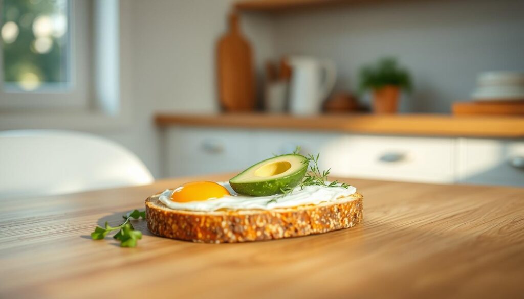 A cozy, minimalist kitchen filled with the aroma of a quick, wholesome breakfast. On a wooden table, an array of fresh ingredients - crisp toast, a perfectly cooked egg, ripe avocado slices, and a sprinkle of herbs. Soft, natural light streams in, casting a warm glow over the scene. The atmosphere is serene and inviting, perfect for a simple, satisfying start to the day.