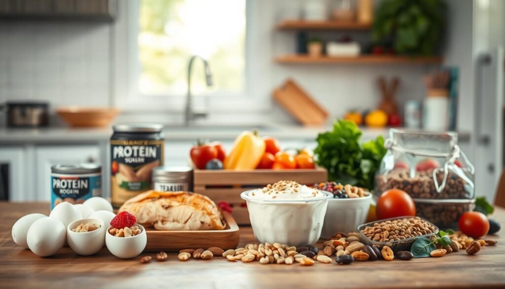 A cozy, minimalist kitchen in soft, natural tones, featuring an assortment of protein-packed lunchbox items arranged on a wooden table. In the foreground, a selection of hard-boiled eggs, canned tuna, grilled chicken, and Greek yogurt with berries. The middle ground showcases a variety of nuts, seeds, and legumes, while the background features fresh produce like bell peppers, cherry tomatoes, and leafy greens. The lighting is warm and inviting, casting a gentle glow over the scene. The overall atmosphere conveys a sense of healthy, balanced nutrition for a portable, protein-rich meal.
