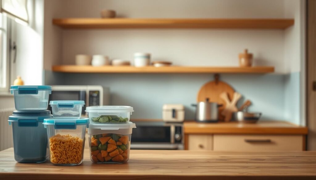 A cozy, minimalist kitchen interior with light blue accents and wooden textures. In the foreground, various food storage containers, some transparent, others opaque, neatly arranged on a wooden countertop. In the middle ground, a microwave oven and a small appliance, possibly a rice cooker or slow cooker, hinting at reheating and meal preparation. The background features simple, uncluttered shelves displaying a few essential kitchen items. Soft, natural lighting illuminates the scene, creating a warm and inviting atmosphere.