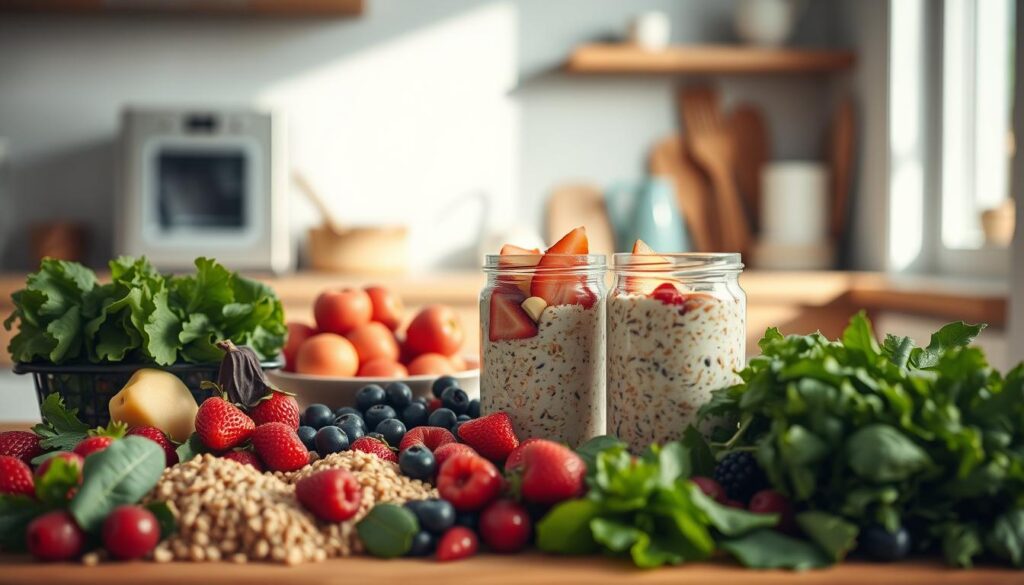 A cozy, minimalist kitchen interior with warm wooden textures and light blue accents. In the foreground, a neatly arranged spread of fresh, vibrant produce including leafy greens, berries, and whole grains. In the middle ground, a glass container filled with a nutrient-dense overnight oats mixture, garnished with sliced fruit and a drizzle of honey. The background features simple kitchen appliances and utensils, creating a calm, inviting atmosphere that highlights the wholesome, homemade nature of the meal prep.