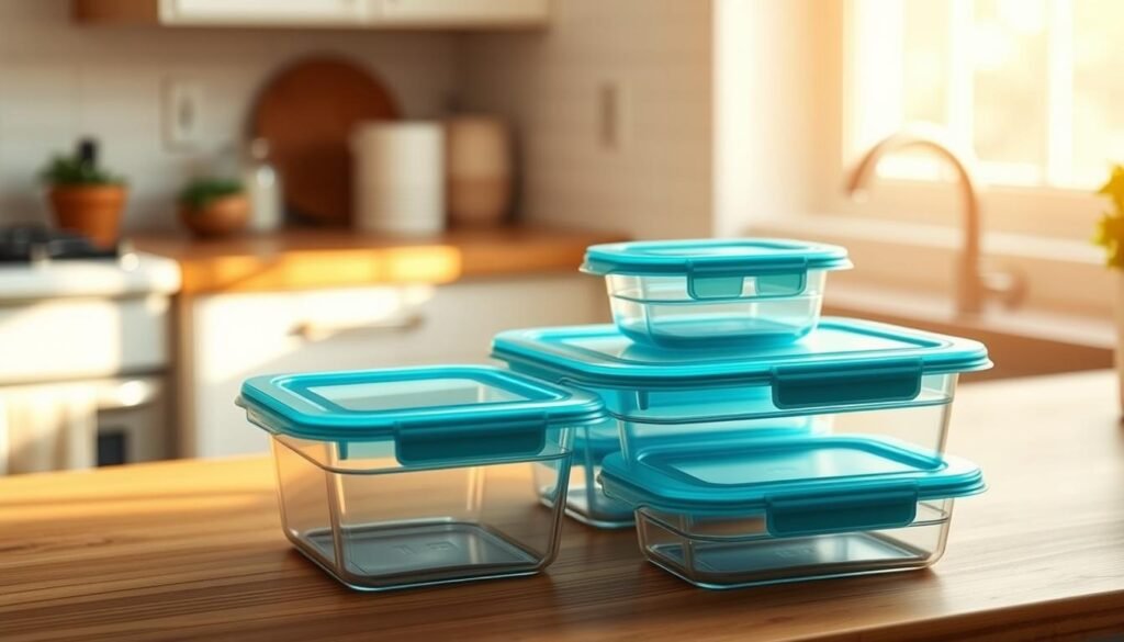 A cozy, minimalist kitchen scene featuring a set of budget-friendly meal prep containers neatly arranged on a wooden countertop. The containers are made of clear, durable plastic with snap-on lids in various shades of blue. Warm, natural light filters in through a nearby window, casting soft shadows and highlighting the simple, practical design of the containers. The overall atmosphere is one of organization and efficiency, hinting at the nutritious, homemade meals that will be prepared and stored within.