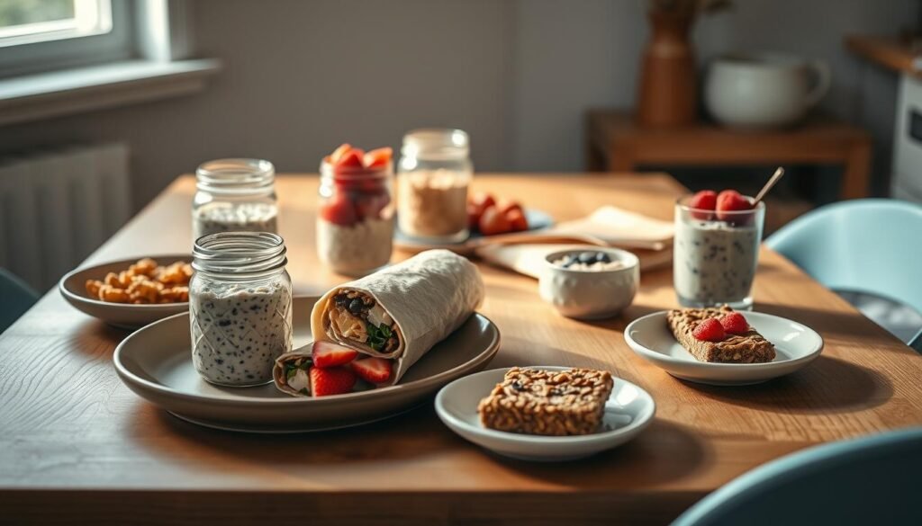 A cozy, minimalist kitchen scene with a wooden table and light blue accents. On the table, a variety of make-ahead breakfast recipes artfully arranged - overnight oats in mason jars, healthy breakfast burritos, chia pudding with fresh berries, and granola bars. Soft, natural lighting from a nearby window illuminates the scene, casting warm shadows and highlighting the textures of the food and surfaces. The overall mood is one of simplicity, nourishment, and the satisfaction of meal prep done right.