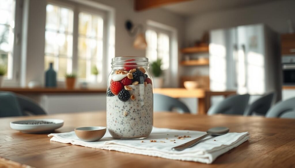 A cozy, minimalist kitchen scene with natural light streaming through large windows. On a wooden table, a neatly arranged breakfast meal prep featuring a glass jar filled with creamy overnight oats, topped with fresh berries, a drizzle of honey, and a sprinkling of toasted nuts. Nearby, a small bowl of chia seeds and a spoon rest on a crisp white linen napkin. The atmosphere is calm and inviting, with soft blue accent tones complementing the warm wood tones. The camera angle is slightly elevated, capturing the entire scene in sharp focus, highlighting the natural textures and colors of this healthy, wholesome breakfast.