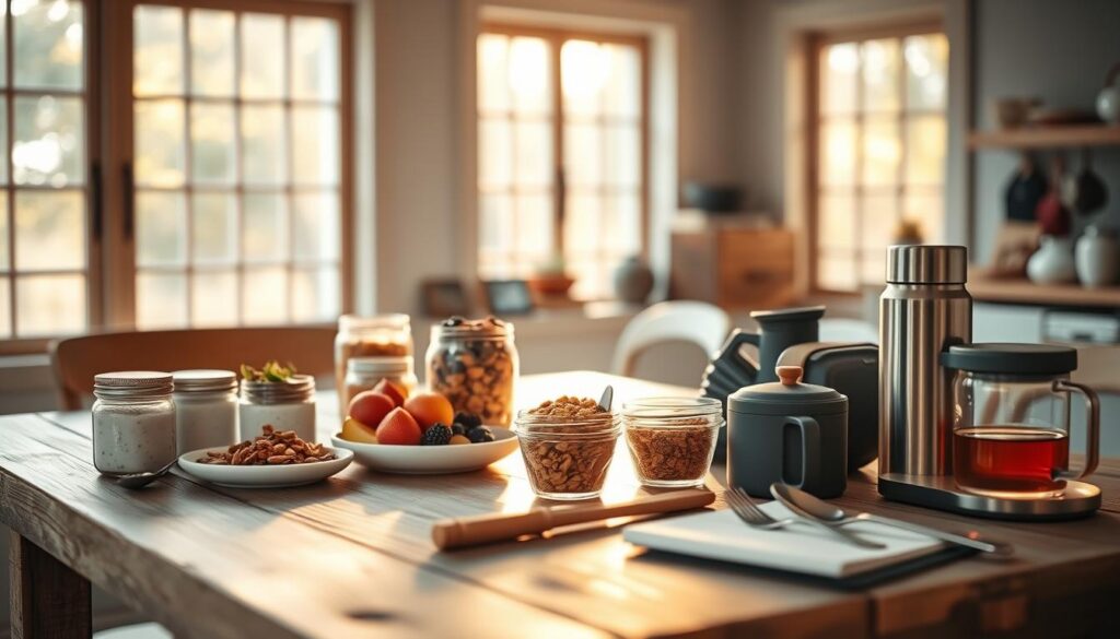 A cozy, minimalist kitchen scene with warm natural light streaming in through large windows. On a rustic wooden table, an assortment of travel-friendly breakfast items are neatly arranged - overnight oats in small jars, granola bars, trail mix, fresh fruit, and a thermos of hot tea. Compact, reusable containers and utensils are carefully placed, ready to be packed for a journey. The scene exudes an atmosphere of intentional, organized preparation, hinting at the effortless, nourishing breakfasts to come during travel.